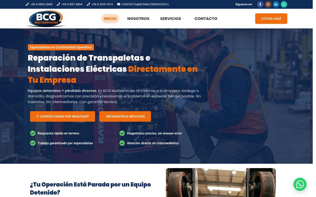 Portada de BCG Multiservicios: reparación de transpaletas e instalaciones eléctricas, con un técnico trabajando en bodega y los botones de contacto por WhatsApp.