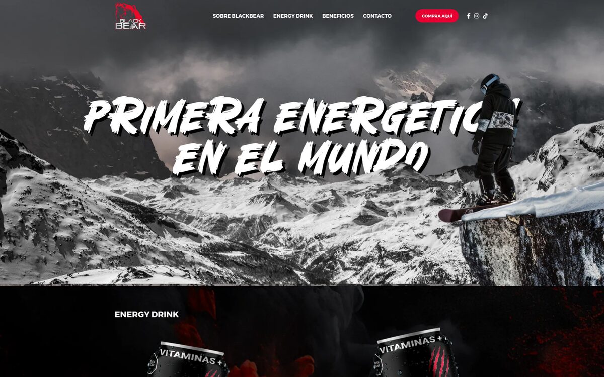 Portada de Black Bear Energy: bebida energética chilena, con un snowboarder sobre una cumbre nevada y el lema «Primera energética en el mundo».