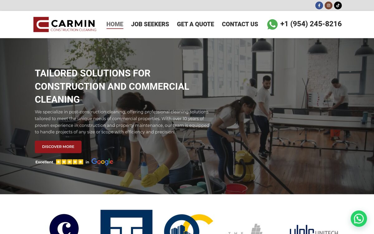 Portada de Carmin Cleaning: limpieza tras obra para propiedades comerciales, con el equipo trabajando y la valoración de Google.