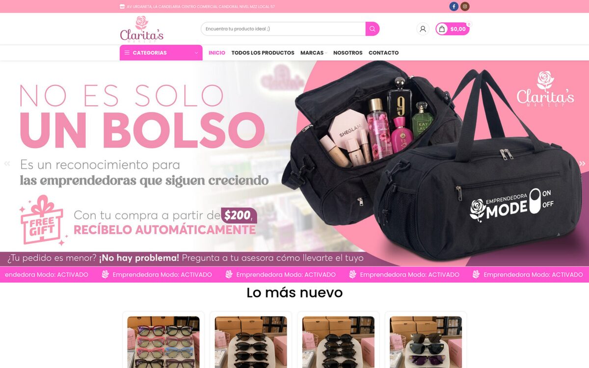 Portada de Clarita's Makeup: tienda de maquillaje en Caracas, con el bolso organizador de la campaña «No es solo un bolso» y la cuadrícula de categorías de productos.