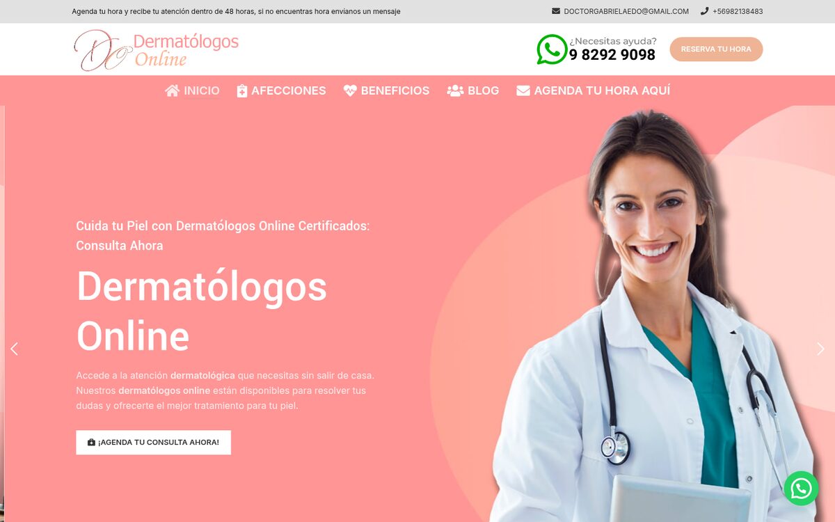 Portada de Dermatólogos Online: consulta dermatológica a distancia, con la doctora sobre fondo rosa y el botón para agendar hora.