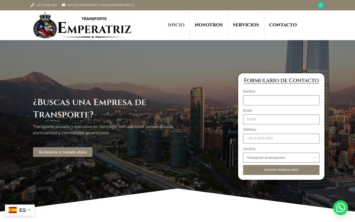 Portada de Transporte Emperatriz: transporte privado y ejecutivo, con Santiago de fondo y el formulario de contacto a la derecha.