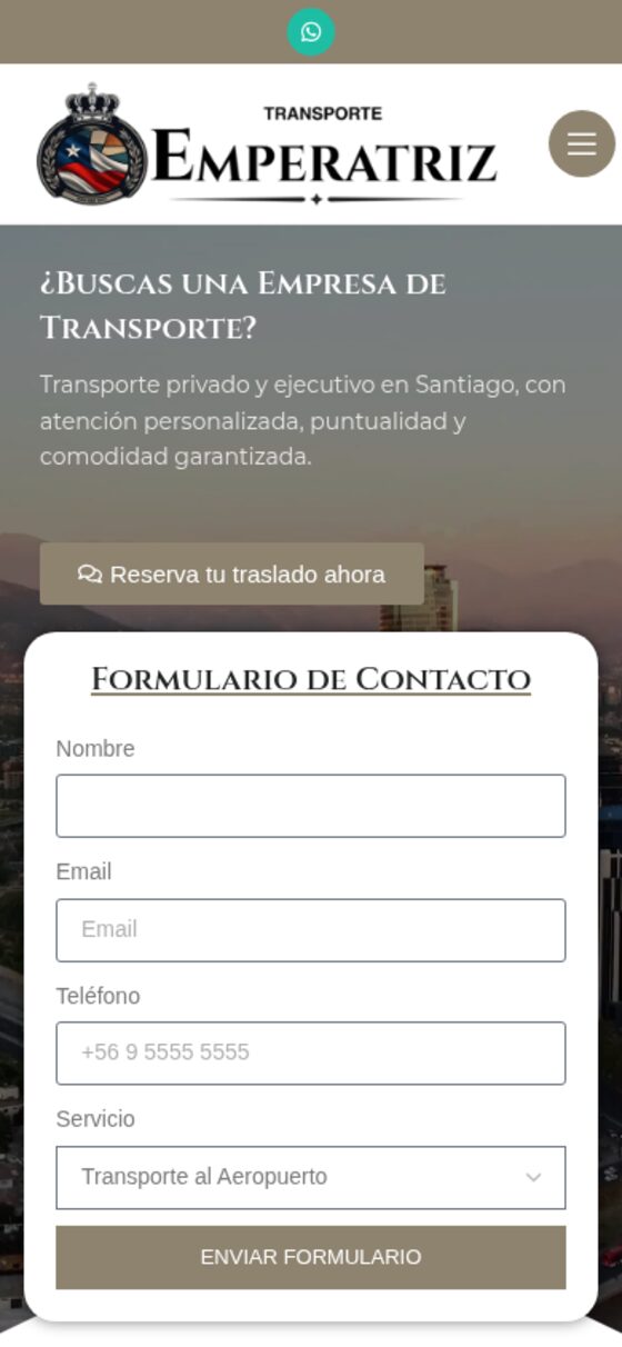 Transporte Emperatriz visto en un teléfono: titular legible sin zoom, botón de reserva a tamaño de pulgar, formulario de contacto con campos amplios y el botón de WhatsApp arriba.