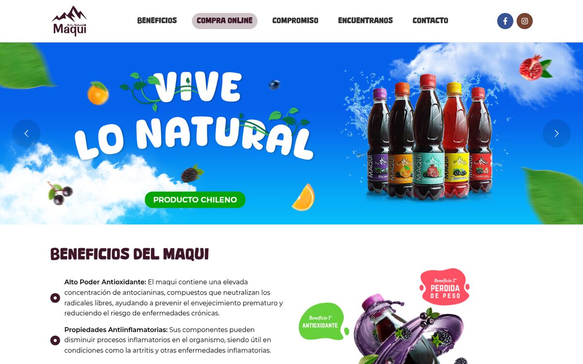 Portada de Natural Maqui: bebidas naturales de maqui con el lema «Vive lo natural» y la gama de botellas sobre fondo azul.