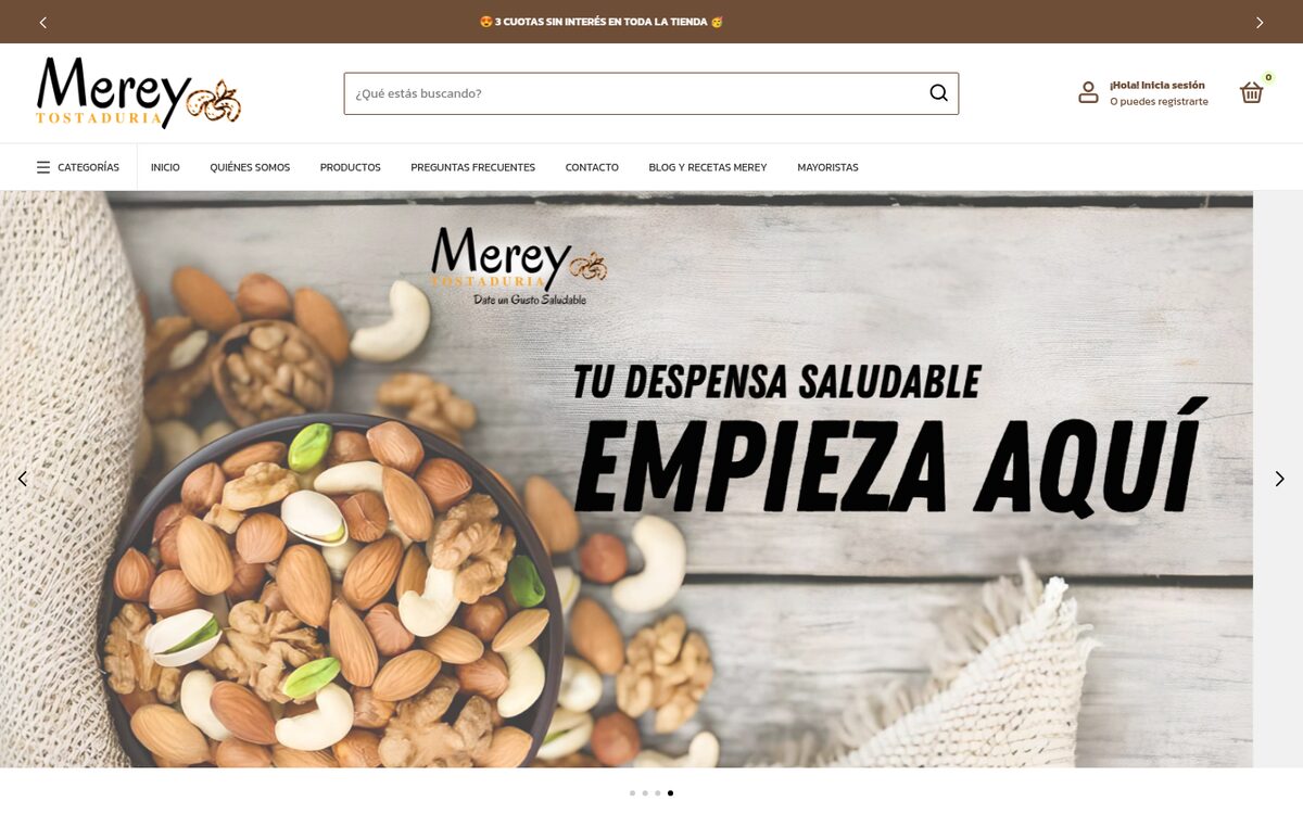 Portada de Merey Tostaduría: tienda online de frutos secos, con un bol de nueces y almendras sobre madera y el lema «Tu despensa saludable empieza aquí».