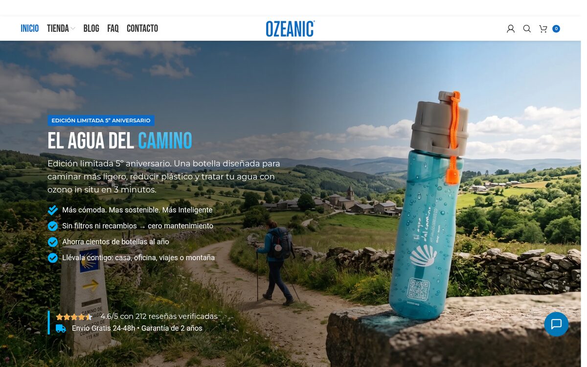 Portada de Ozeanic: tienda online de botellas de agua con ozono, con la botella sobre un paisaje de montaña y las valoraciones de clientes.