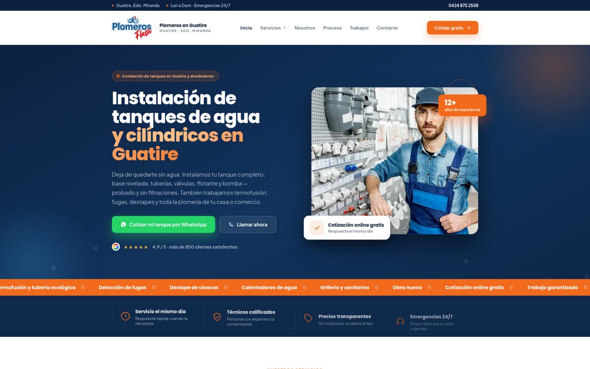 Portada de Plomeros en Guatire: instalación de tanques de agua y cilíndricos, con atención de emergencias y el botón de cotizar gratis.