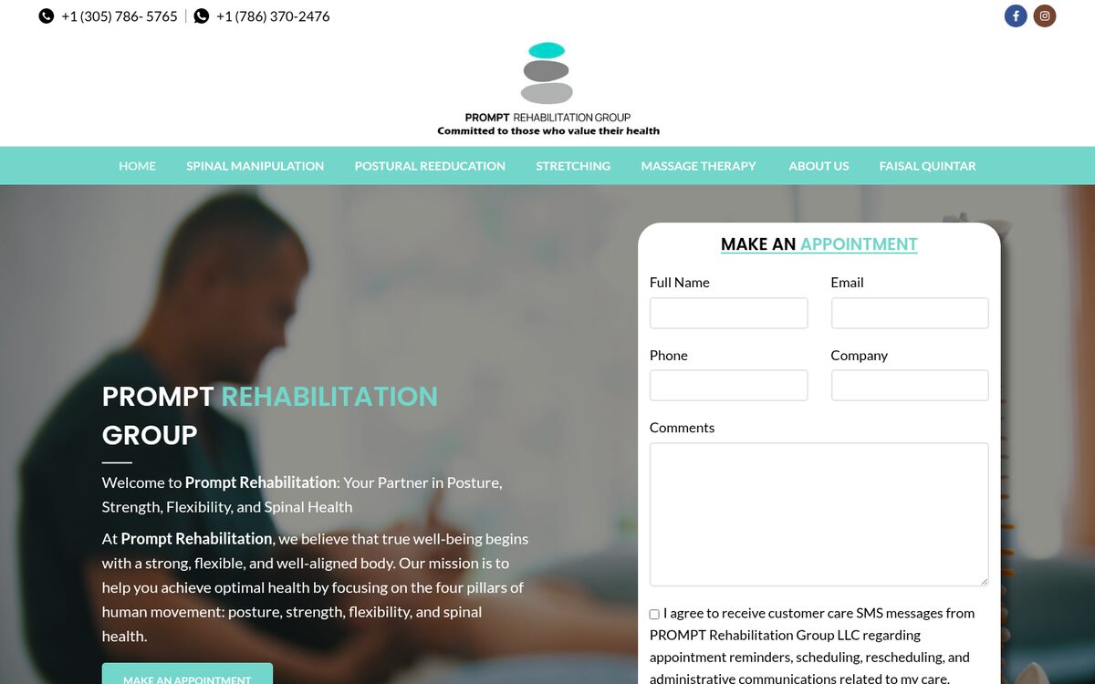 Portada de Prompt Rehabilitation Group: terapia de postura y salud espinal, con una sesión de tratamiento y el formulario para pedir cita.