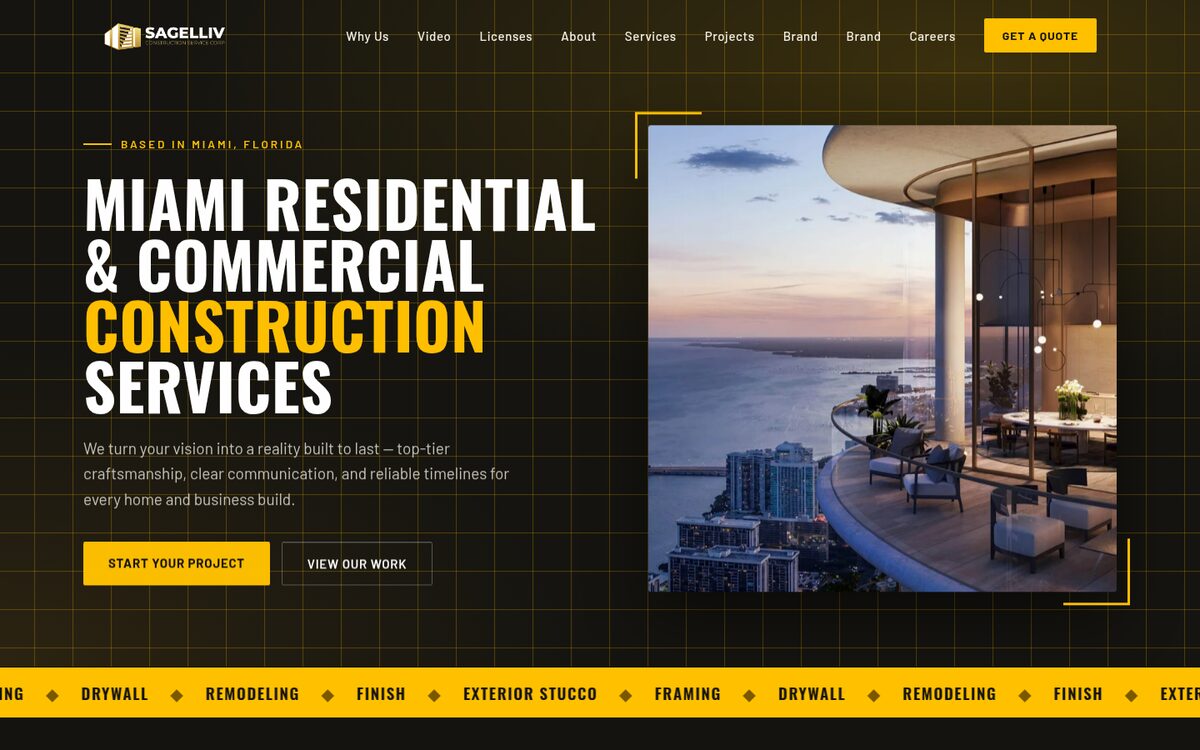 Portada de Sagelliv Construction: servicios de construcción residencial y comercial en Miami, con una terraza frente al mar y botones de presupuesto.